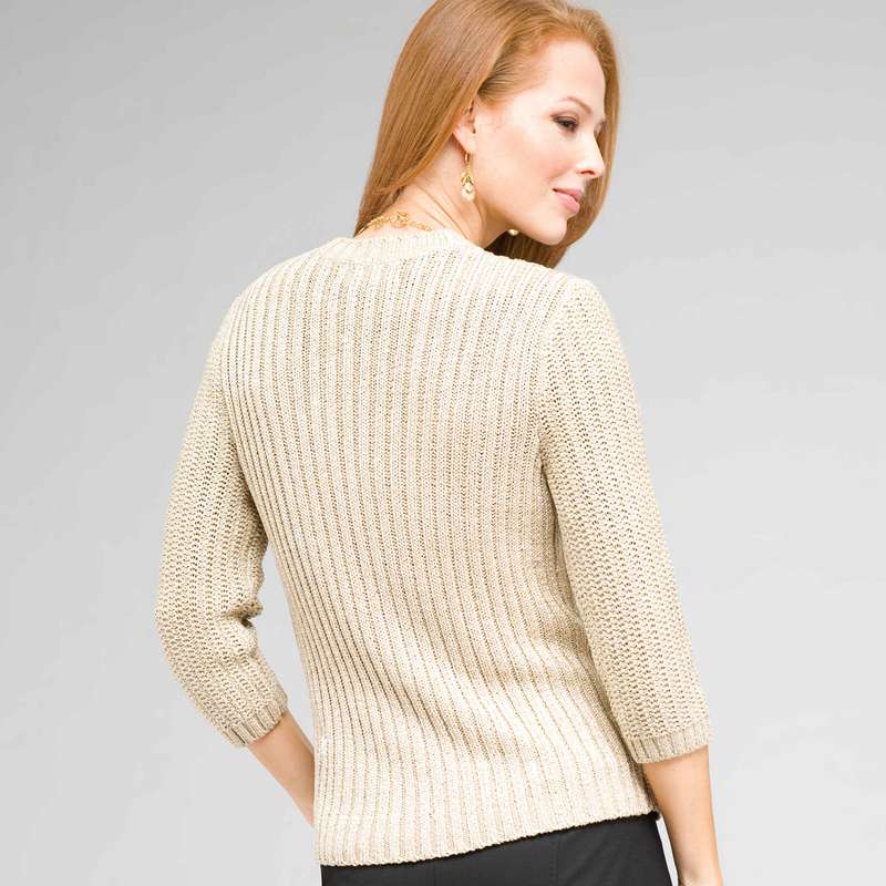 3/4 Sleeve V-Neck Cardigan, Ivory/Gold, large image number 1